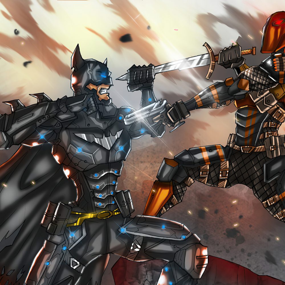 Deathstroke and Batman in combat from comic panels