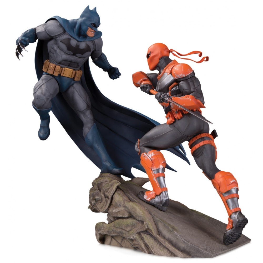 Deathstroke and Batman in combat from comic panels