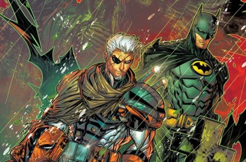 Deathstroke and Batman in combat from comic panels